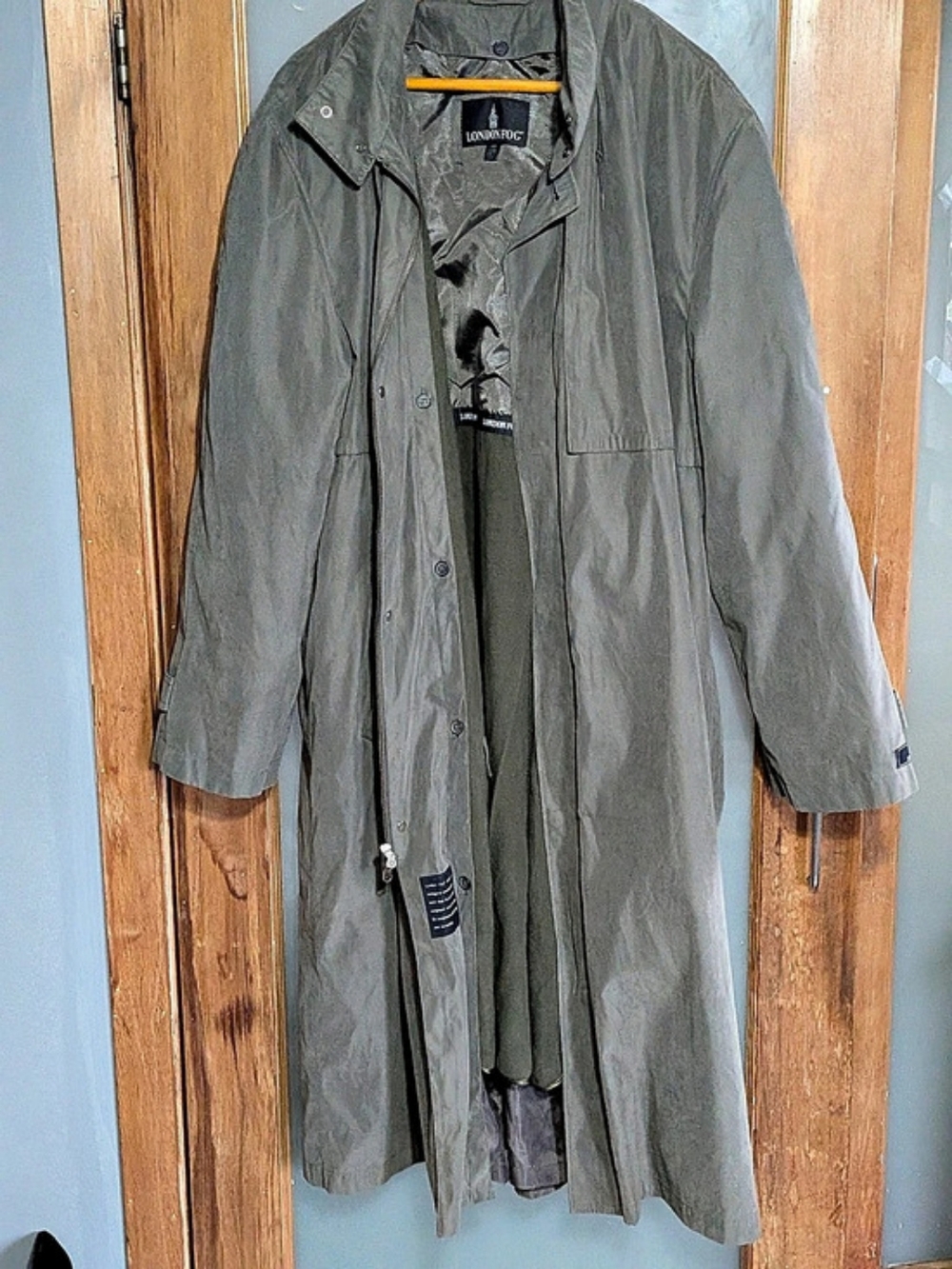 Vintage London Fog Mens Trench Coat Olive Gray Size 46 Long Overcoat Raincoat